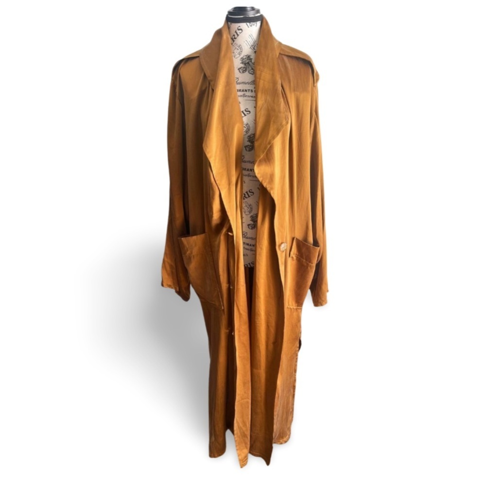 🇨🇦 Vintage 80s Angela Bucaro Silk Duster Trench Oversized Draped Brown Bronze